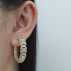 Large Golden Emerald Hoop Diamond Earrings 14kt