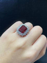 PREORDER | Floral Halo Paved Red Ruby Statement Gemstones Diamond Ring 14kt
