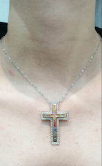 Unisex Rainbow Cross Sapphire Gemstones Diamond Necklace 14kt
