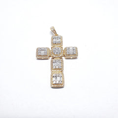 Large Golden Emerald Cross Pendant Diamond Necklace 14kt
