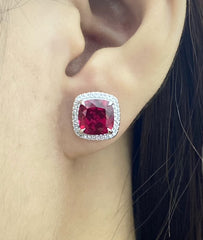 PREORDER | Red Ruby Cushion Stud Gemstones Diamond Earrings 14kt