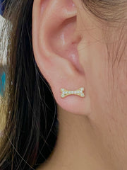 Dainty Golden Dog Bone Classic Round Diamond Earrings 18kt