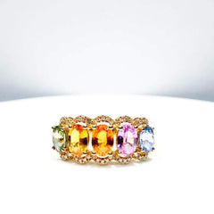 Golden Oval Rainbow Sapphire Gemstones & Diamond Ring 14kt