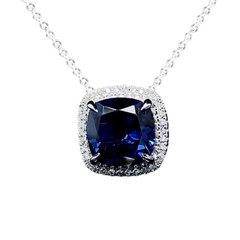 LVNA 선물 | 사파이어 쿠션 헤일로 다이아몬드 목걸이 16-18" 18kt 화이트 골드 체인