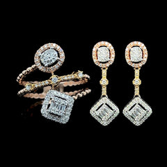 CLEARANCE BEST | Multi-Tone Square Oval Dangling Diamond Jewelry Set 14kt