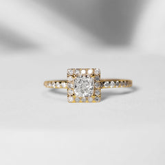 PREORDER | 0.90cts I SI2 Cushion Cut Halo Paved Diamond Engagement Ring 14kt GIA Certified