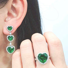 #TheSALE | Trio Heart Green Emerald Dangling Gemstones Diamond Jewelry Set 14kt