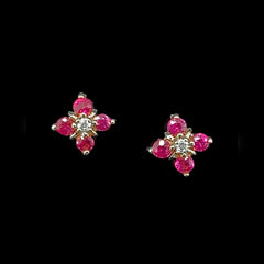 Floral Burmese Ruby Dainty Diamond Earrings 18kt