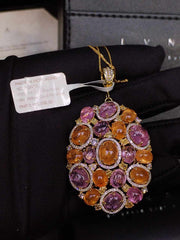 LVNA 시그니처 에스테이트 핑크 &amp; 오렌지 오팔라이트 옐로우 다이아몬드 클러스터 브로치 펜던트 18kt