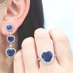 #TheSALE | Trio Heart Blue Sapphire Dangling Gemstones Diamond Jewelry Set 14kt