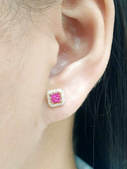 Golden Square Pink Gemstones Diamond Earrings 18kt