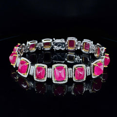#LVNA2024 | Natural Red Cabochon Ruby Gemstones Halo Paved Eternity Diamond Bracelet 18kt