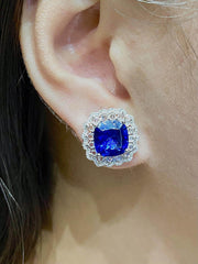 Blue Sapphire Cushion Gemstones Diamond Earrings 14kt