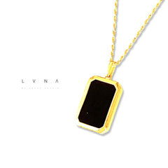 GLD | 18K Golden Black Onyx Bar Pendant Necklace Rope Chain 17.5”
