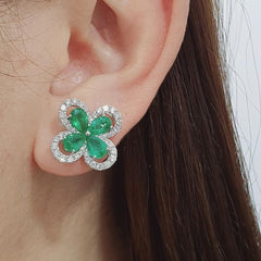#TheSALE | Green Emerald Floral Stud Diamond Earrings 18kt