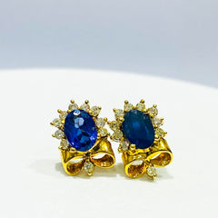Golden Blue Sapphire Floral Oval Stud Gemstones Diamond Earrings 14kt