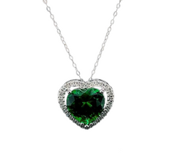 Large Heart Green Emerald Nano Gemstones Diamond Necklace 16-18" 18kt