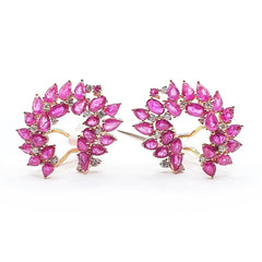 Burmese Ruby Floral Loop Gemstones Diamond Earrings 18kt