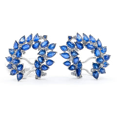 Natural Blue Sapphire Gemstones Floral Loop Gemstones Diamond Earrings 18kt