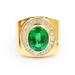 Unisex Men’s Green Emerald Golden Signet Gemstones Diamond Ring 18kt