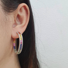 Large In & Out Rainbow Sapphire Gemstones Hoop Diamond Earrings 14kt