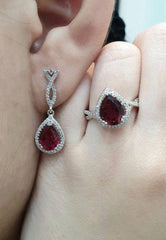 PREORDER | Pear Red Ruby Dangling Diamond Set 14kt
