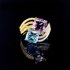 双色紫水晶和黄玉宝石交叉钻石戒指 14 克拉