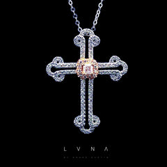 PREORDER | Pink Diamond Cross Cathedral Diamond Necklace Pendant  14kt