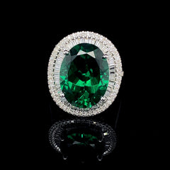 PREORDER | Oval Green Emerald Baguette Paved Statement Gemstones Diamond Ring 14kt