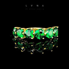 PREORDER | Golden Green Emerald Hearts Half Eternity Gemstones Diamond Ring 18kt