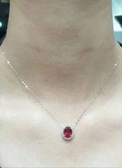 Red Ruby  Oval Halo Gemstones Diamond Necklace 16-18” 18kt Chain
