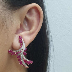 Burmese Ruby Deco Floral Gemstones Diamond Earrings 18kt