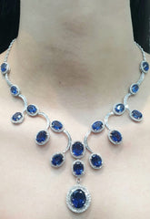 Grand Sliver Blue Sapphire Gemstones Diamond Necklace 14kt