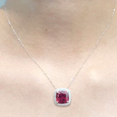 Cushion Halo Red Ruby Gemstones Diamond Necklace 16-18” 18kt
