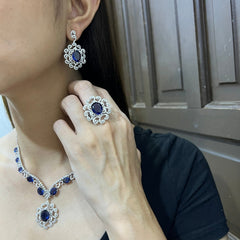 Blue Sapphire Flora Grand Full Gemstones Diamond Jewelry Set 14kt