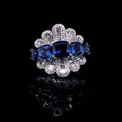 PREORDER | Blue Sapphire Cushion Deco Gemstones Diamond Ring 14kt
