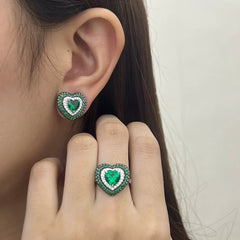 Heart Shape Green Emerald Paved Gemstones Diamond Jewelry Set 14kt