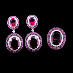 PREORDER | Pink & Red Ruby Paved Oval Dangling Gemstones Diamond Jewelry Set 14kt