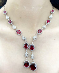 Grand Red Ruby Statement Gemstones Diamond Necklace 14kt