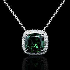 LVNA 선물 | 쿠션 그린 에메랄드 헤일로 다이아몬드 목걸이 16-18" 18kt 체인