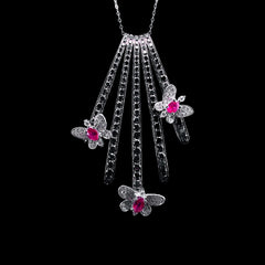 PREORDER | Black Diamond Paved Butterfly Deco Pink Ruby Pendant Gemstones Diamond Necklace 14kt