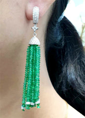 哥伦比亚绿色祖母绿流苏 &amp; 钻石耳环 14kt
