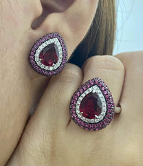 PREORDER | Teardrop Pink & Red Ruby Paved Gemstones Diamond Jewelry Set 14kt