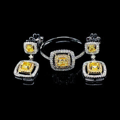 Square Halo Yellow Diamond Jewelry Set 14kt