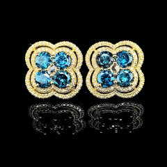 PREORDER | Golden Floral Clover Blue Colored Diamond Earrings 14kt