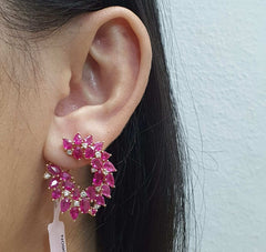 Burmese Ruby Floral Loop Gemstones Diamond Earrings 18kt