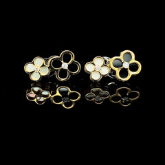 PREORDER | Golden Floral Mother of Pearl & Onyx Clover Stud Gemstones Diamond Earrings 14kt