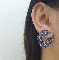 Natural Blue Sapphire Gemstones Floral Loop Gemstones Diamond Earrings 18kt