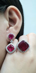 PREORDER | Large Red Ruby Cushion Gemstones Diamond Jewelry Set 14kt