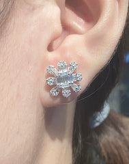 Floral Baguette Stud Diamond Earrings 14kt
